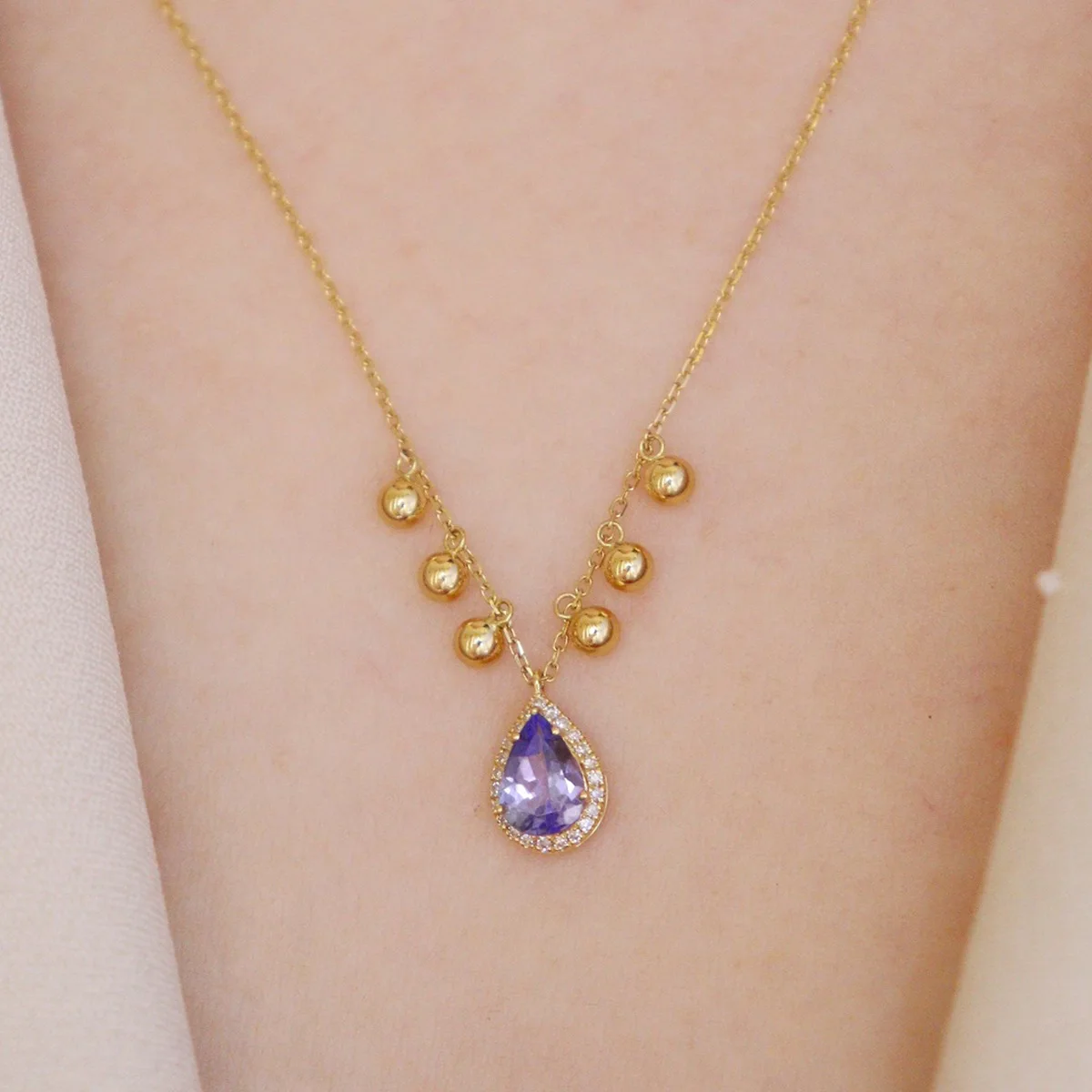 

Original Design 925 Silver Purple Stone Teardrop Pendant Necklace Gold Ball Charms Waterdrop Gems Sweater Chain Special Jewelry