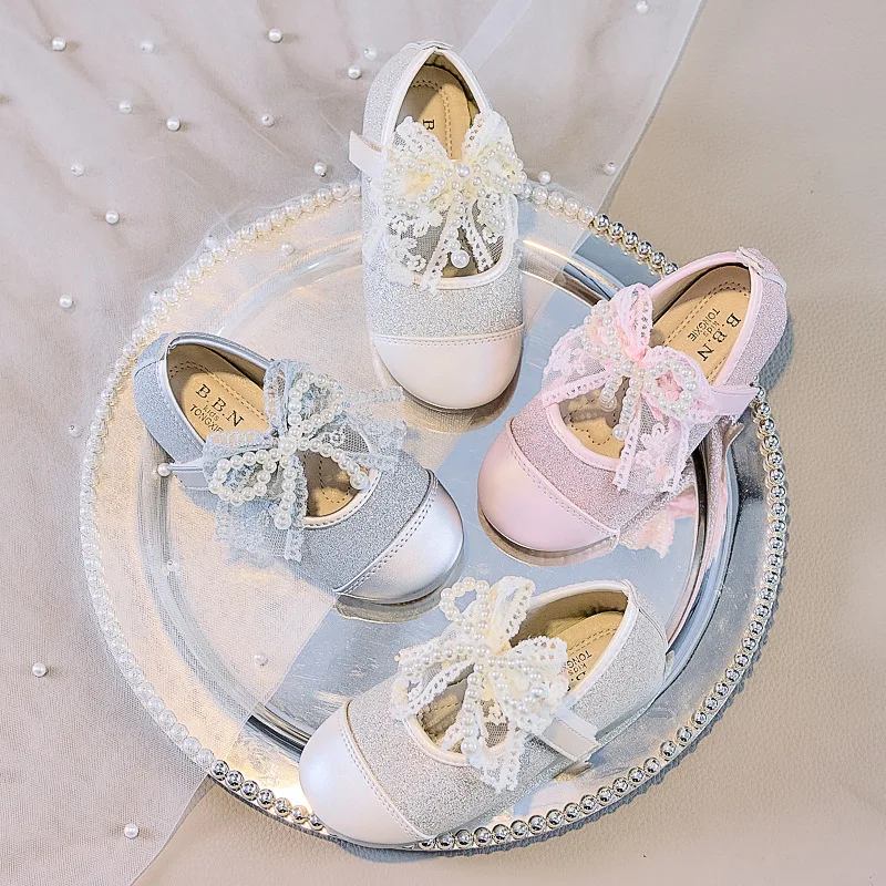 

Kids'Casual Shoes Fashion Solid Color PU Leather Bow Lace Spring Flat Shoes For Children Anti-slip White Sliver Shoes Size 26-36