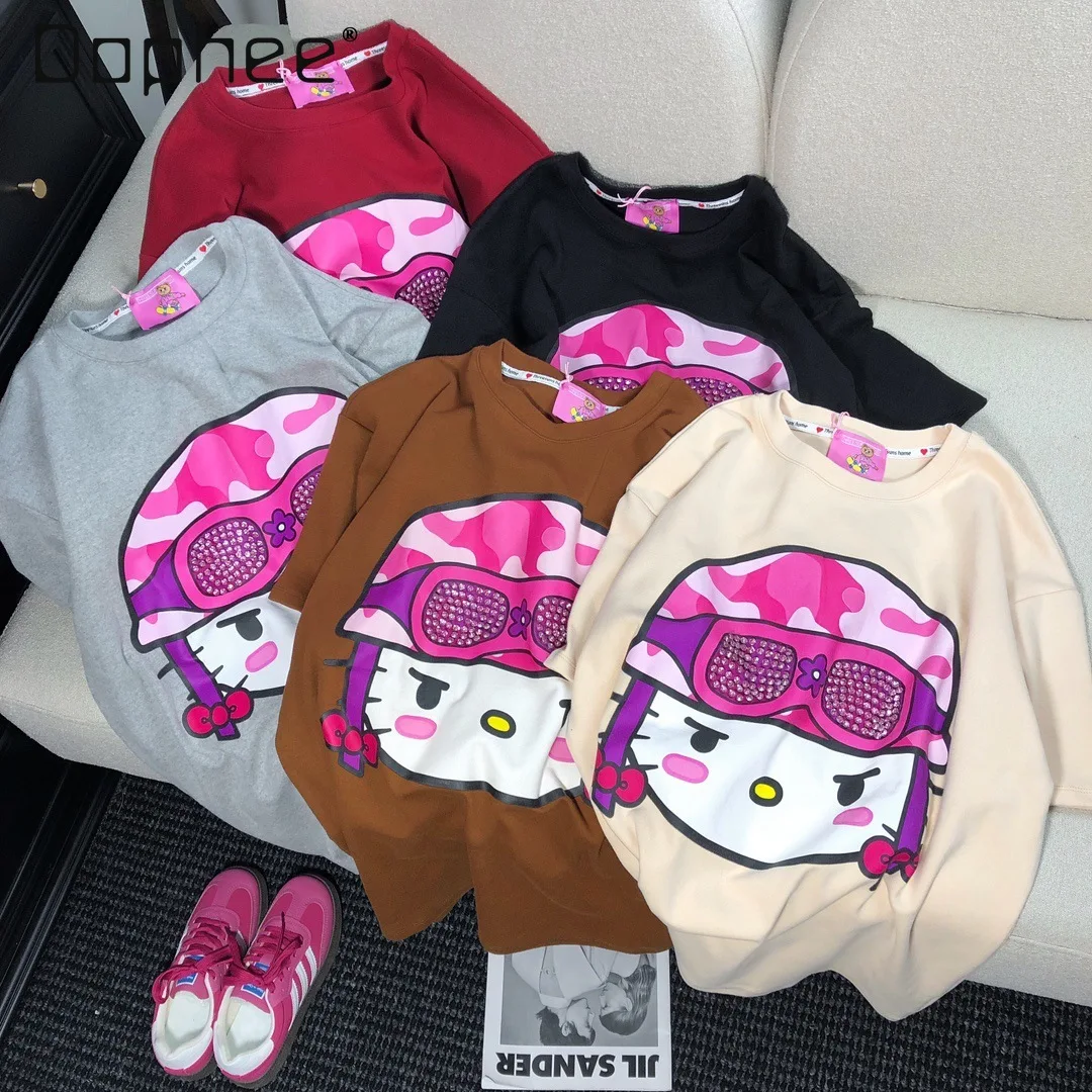 Winter Thickened Polished T-shirt Korean Version Casual Diamond-encrusted Cartoon Cat Print Short-sleeved Top Women Clothes