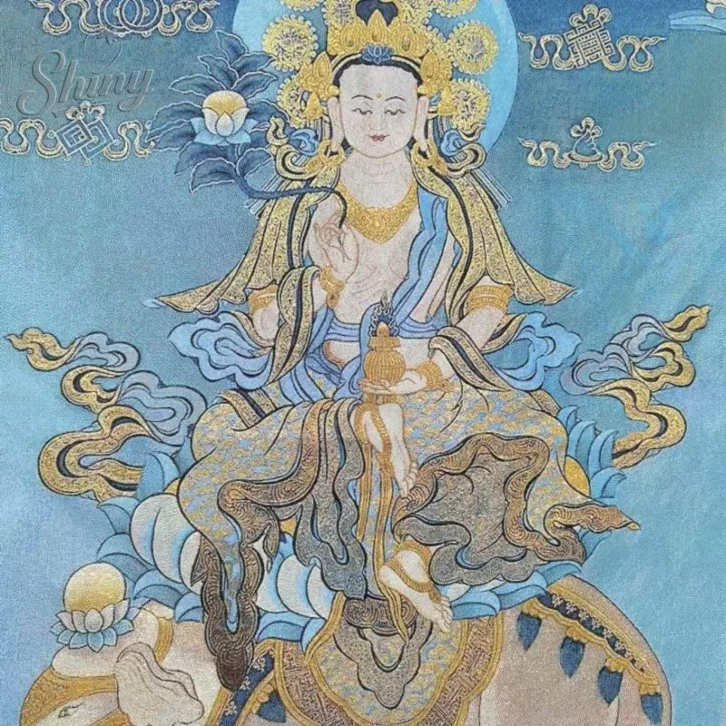 35.4″ Statue of Bodhisattva Samantabhadra Brocade Tibetan Tangka Embroidery Painting Gold Thread