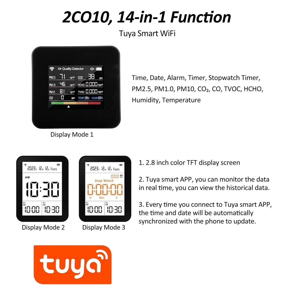 Imagem -04 - Monitor de Qualidade do ar Interior 14 em 2.8 Display Testador de Qualidade do ar Wifi App Controle de Co2 co Tvoc Hcho Pm2.5 Pm1.0 Pm10 Temp