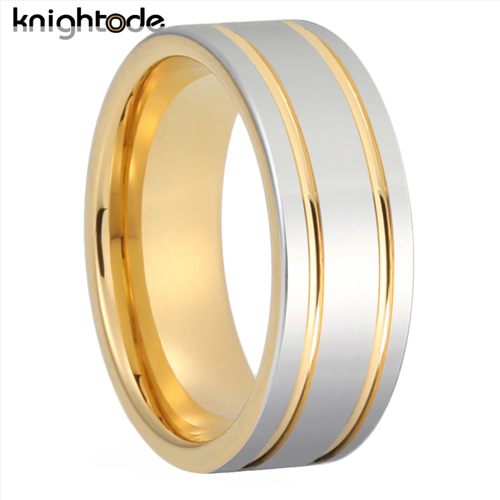 

8mm Tungsten Steel Wedding Band For Mens Womens Engagement Rings Grooved Flat Polished Shiny