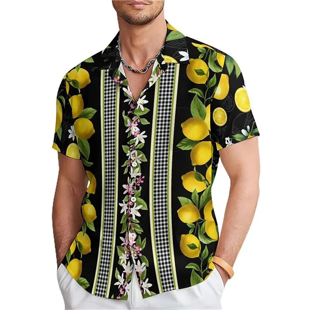 2024 New 3D Printed Fruit Lemon Casual Men's Shirt Weekend Summer Slim Yellow Black Short Sleeve Four-Way Stretch Fabric Shirt