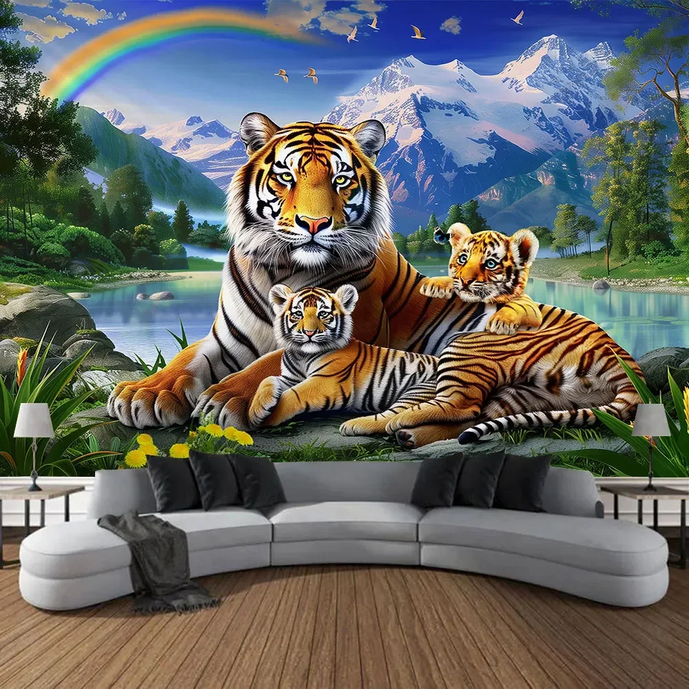 Forest Tiger Colourful Printed Tapestry Outdoor Landscape Animals Decorative Mural Living Room Bedroom Wall Art Tapestry