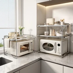Kitchen 2-layer Microwave Oven Storage Rack Retractable Countertop Gadget Set Floor Stand Seasoning Holder Spicy Organizer Shelf