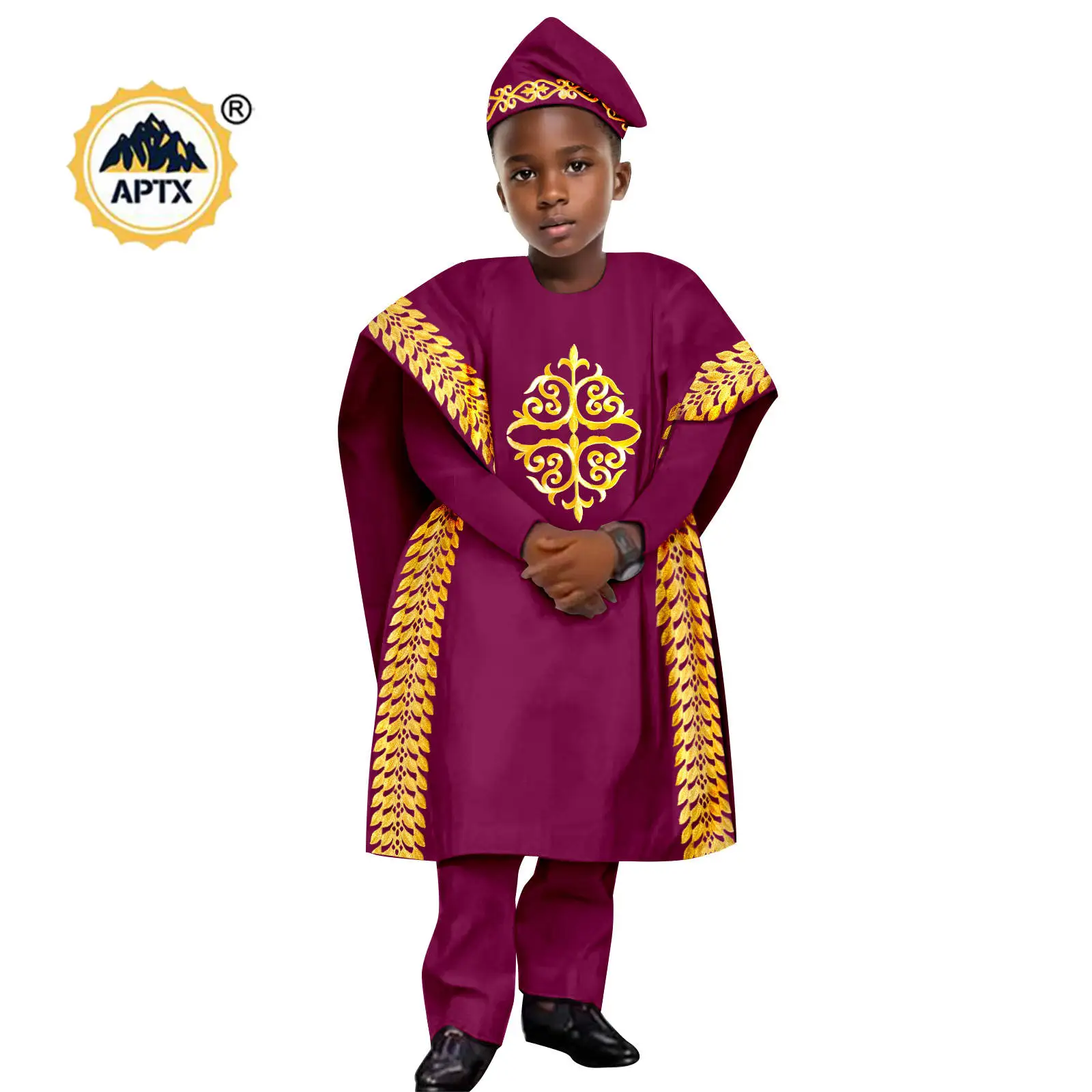 Africa Clothes for Boy Outfits Embroidery Robe Top and Pant Sets Match Hat Bazin Riche Children Kid Muslim 4 Pieces Sets 2446052