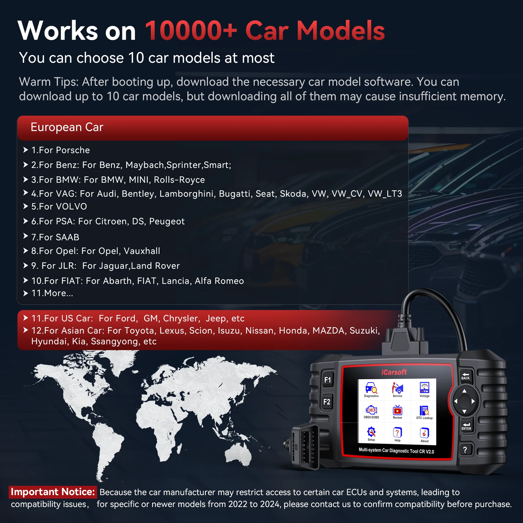iCarsoft CR V2.0 لـ 10 سيارات اختيارية تصنع أداة تشخيص Obd2 تحديث مجاني TPMS/ABS/DPF/EPB/إعادة ضبط الزيت + طباعة البيانات المباشرة