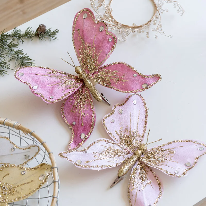 

New Christmas tree gold powder decoration high-end fabric sequins simulated butterfly pendant Christmas floral accessories