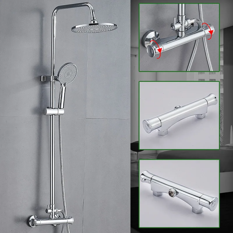 Full Copper Thermostatic Shower System, Pressurized Rain Shower Head Mixer Valve Kit for Household Bathroom & Hotel Projects