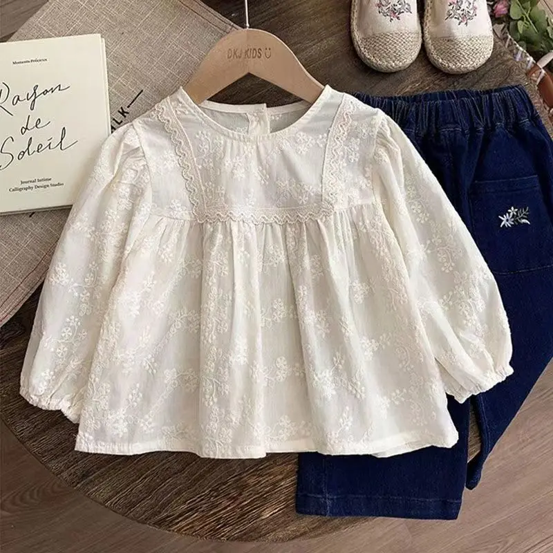 Children's Baby Girl Autumn Dress Lace Embroidered Shirt Girls' Bottom Shirt Spring and Autumn New Style Western Style
