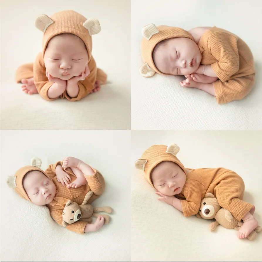 Baby Photoshoot Costume Casual Simple Rompers+Bear Ear Cap+Bear Doll 3pcs/sets Newborn  Photography Jumpsuit Pants Outfits