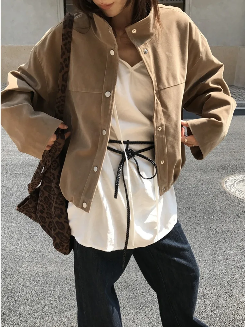 Retro Leather Velvet Long Sve Jaet Women's Loose Fit Stand Collar Autumn New Sle Versatile Outerwear Casual Top