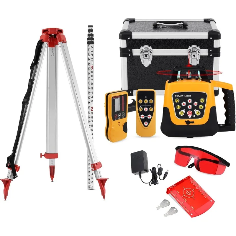 Self Leveling Rotary Laser Level System Kit with Surveying Tripod + Aluminum Grade Rod 16.4Ft, Red Beam Automatic