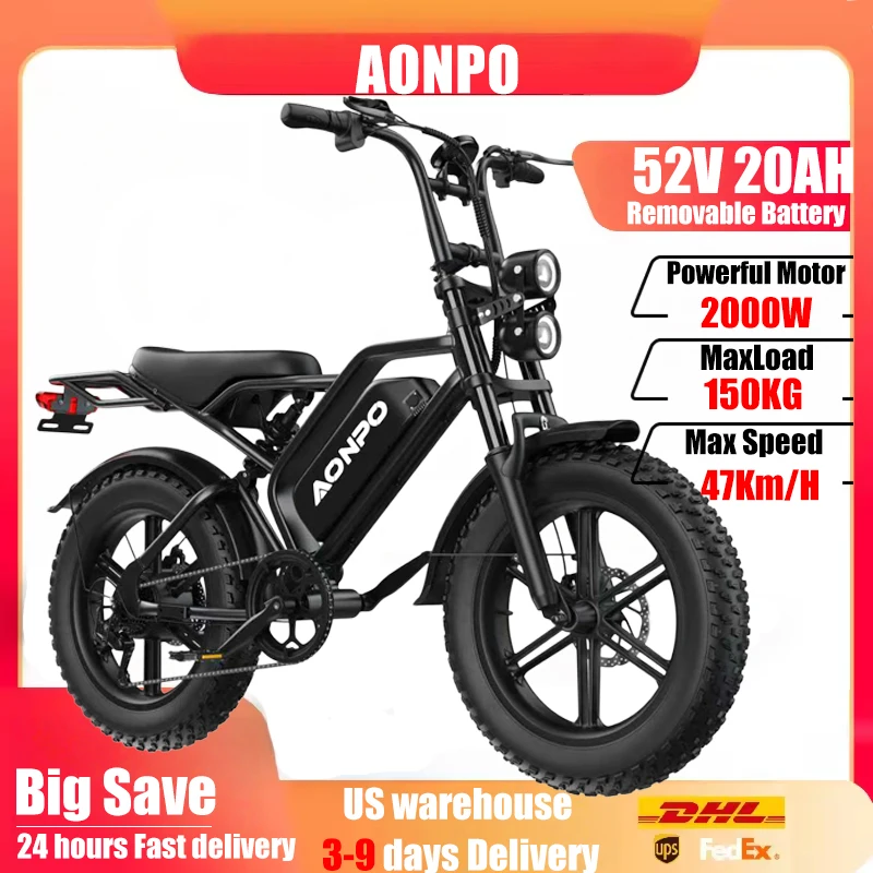 

AONPO P20pro Electric Bike, 2000W Peak 150km/h 52V20Ah Motorcycle, 20"Fat Tire 7-Speed City Electric bicycles adults E-Bike
