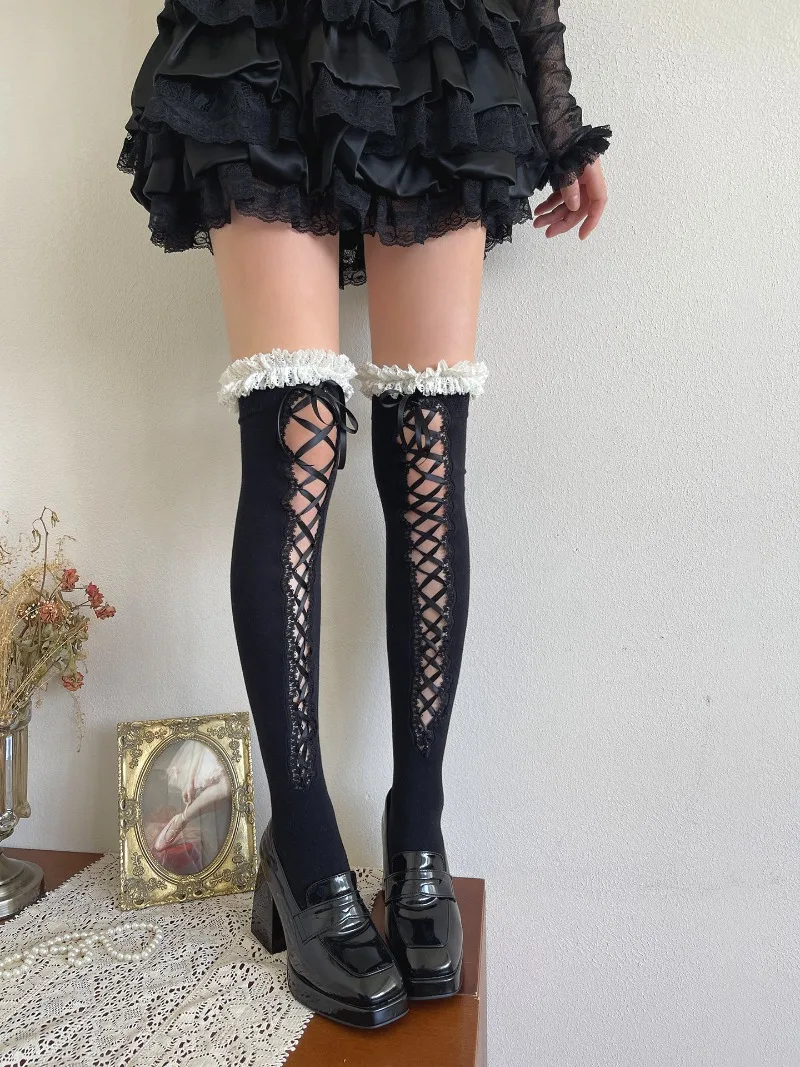 Japanese Subculture Y2K Hot Girl Ballet Style Socks Lace-up Wool Lace Lolita Over-the-knee Stockings For Women's Kawaii Hosiery