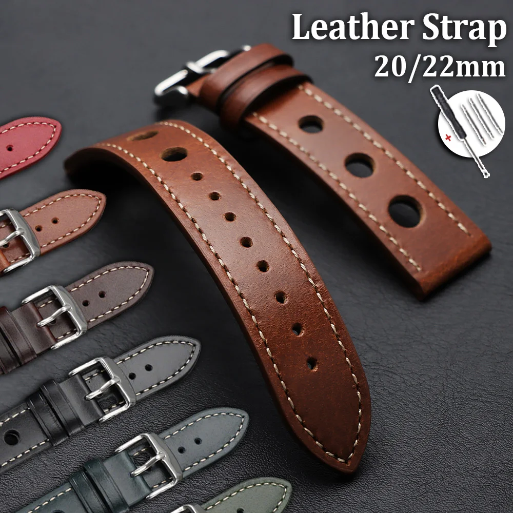 

Oil Wax Perforated Cowhide Watchband 20mm 22mm Premium Genuine Leather Strap Men Women Wristband for Omega for Panerai for Seiko