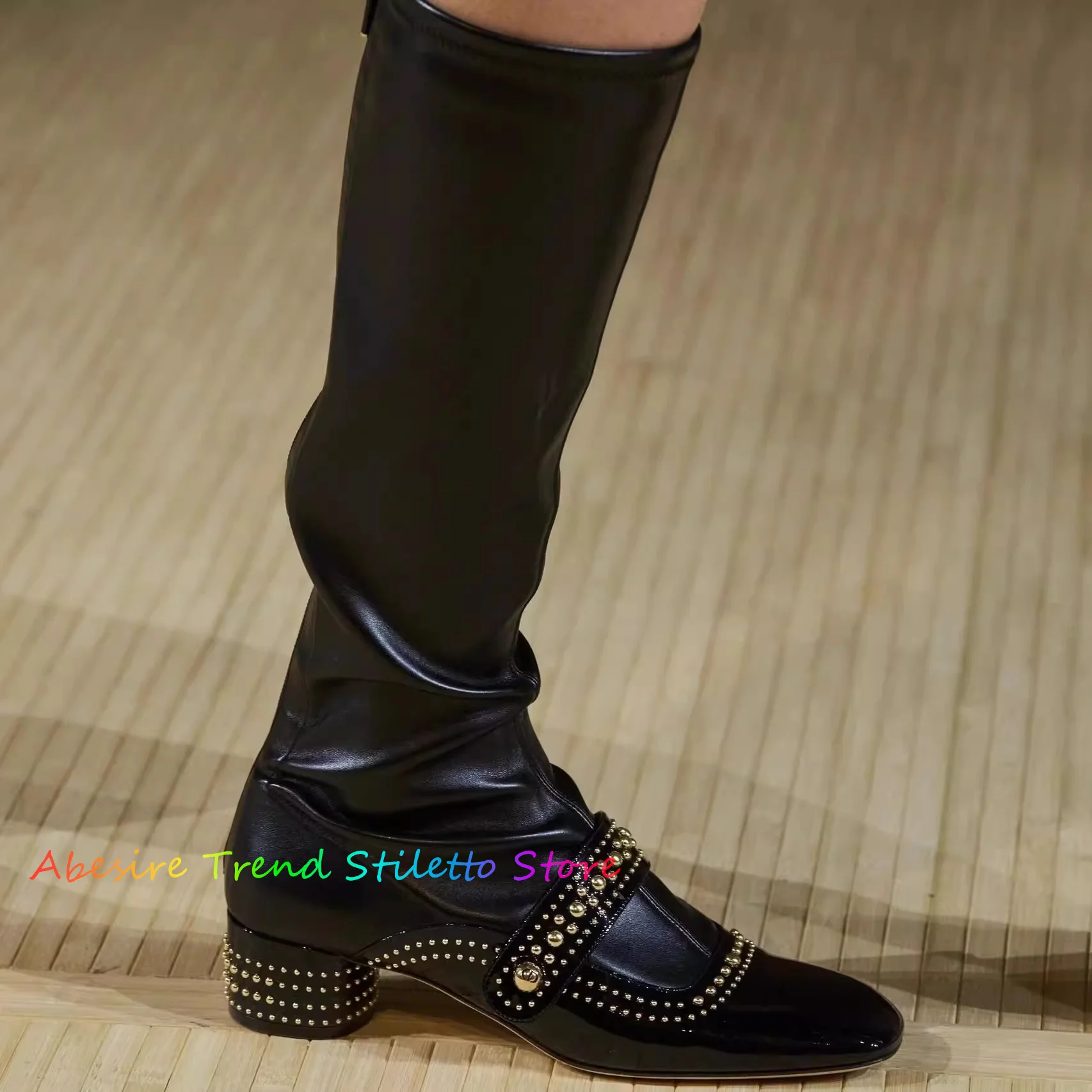 White Retro Studded Knee High Boots for Women 2024 New High Tube Thick Heels Back Zipper Elastic Slim Boots Black Knight Boots