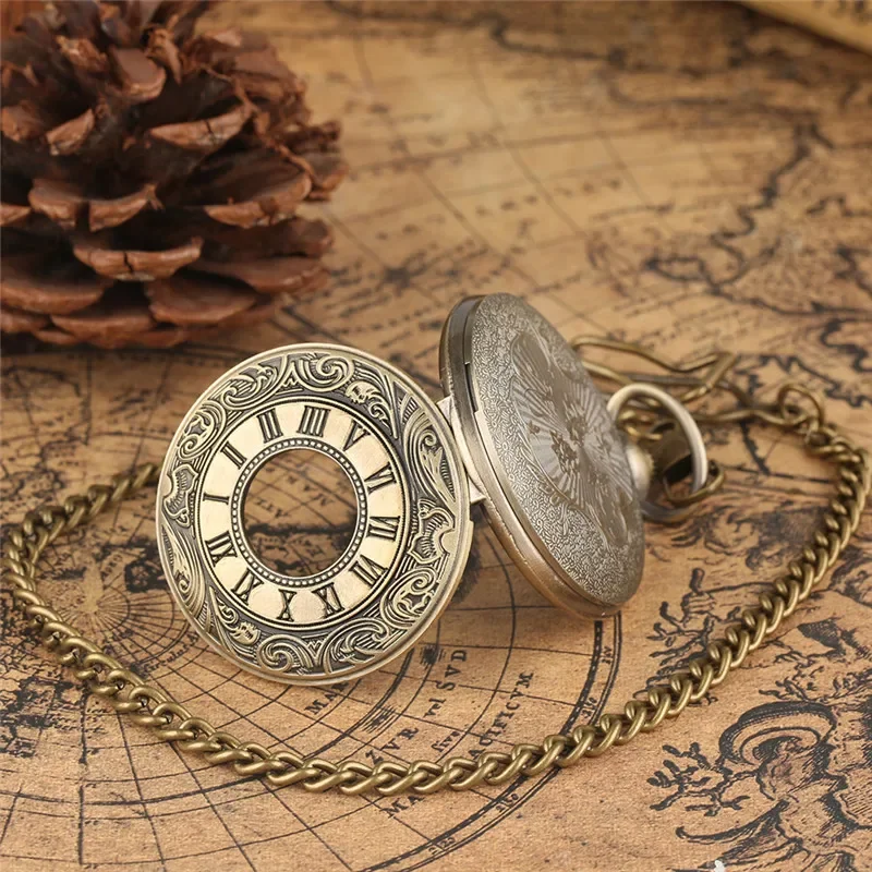 Antique Engraved Roman Number Cover Men Women Quartz Analog Pocket Watch with Necklace Pendant Chain Collectable Clock reloj