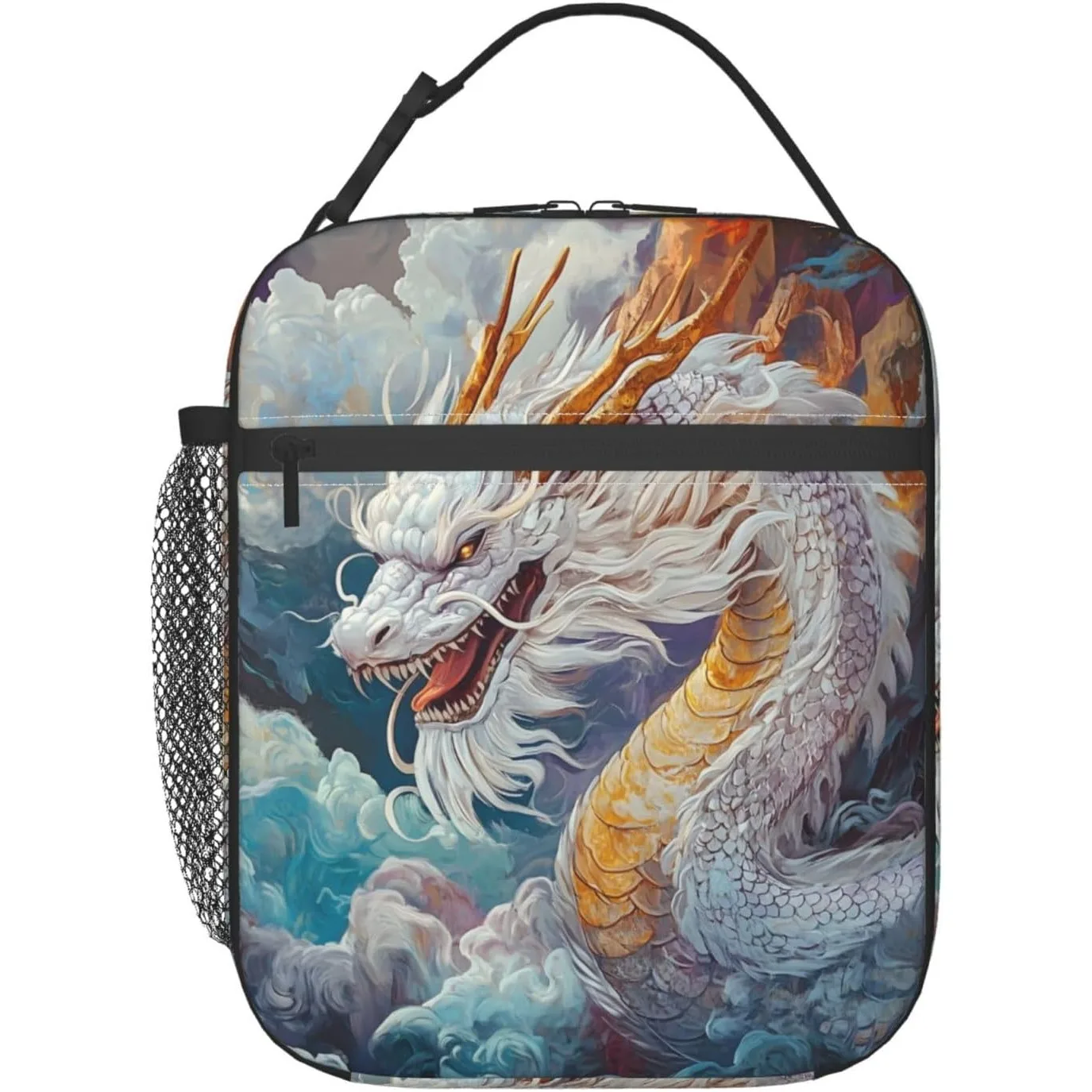 Dragon Lunch Bag, Polyester Tote Bags with White and Gold Dragons, Oriental Fantasy Insulated Lunchbox