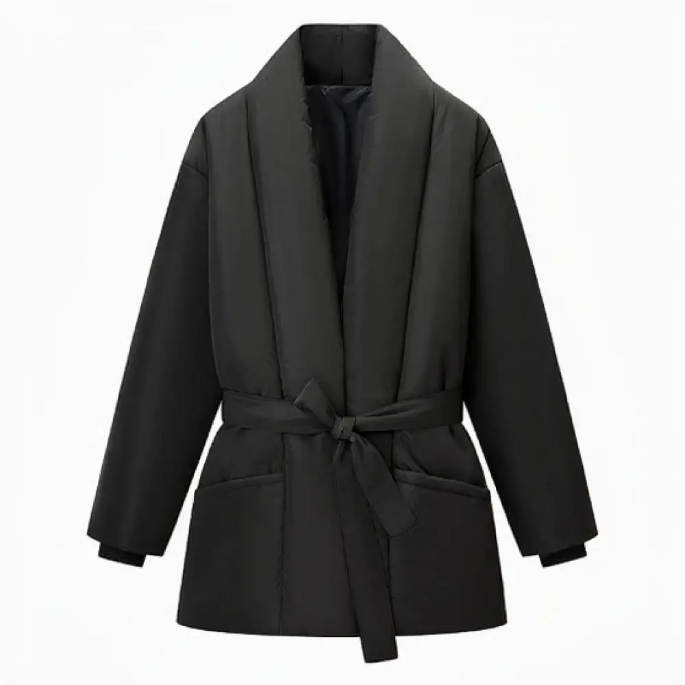 Ladies Warm Padded Coat Vintage Style Loose Fit Tie Up Solid Color Jacket Autumn Winter Casual Cozy Cotton Outwear