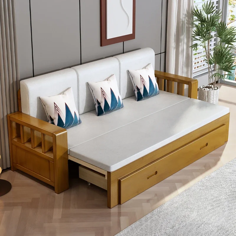 Sofa bed folding dual-purpose solid wood multi-functional telescopic storage sitting and sleeping living room single double smal