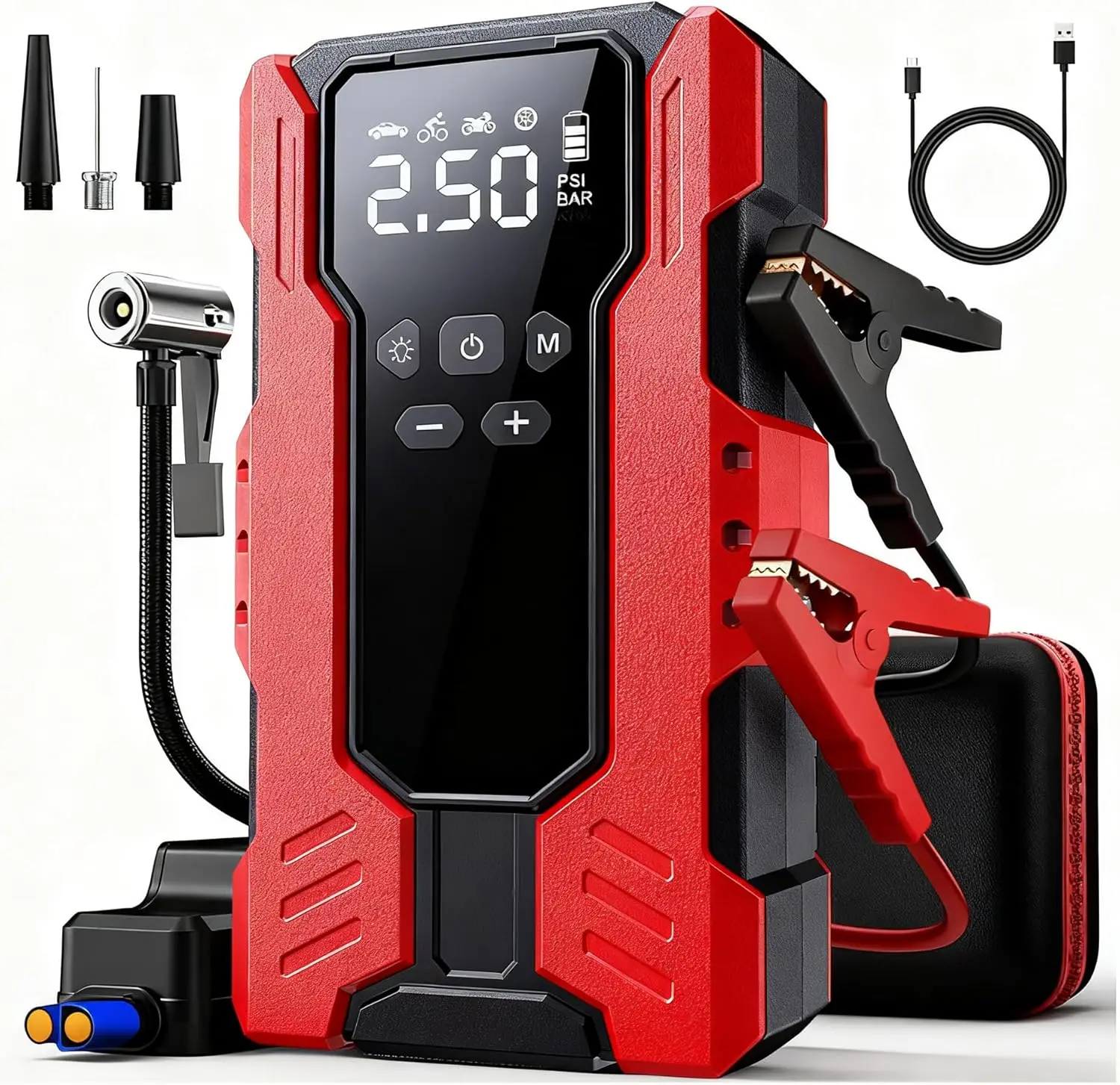

8-in-1 Car Jump Starter with Air Compressor, 6000A, 150PSI, 39800mAh Power Bank, LED Lights, Smart Clip Cable