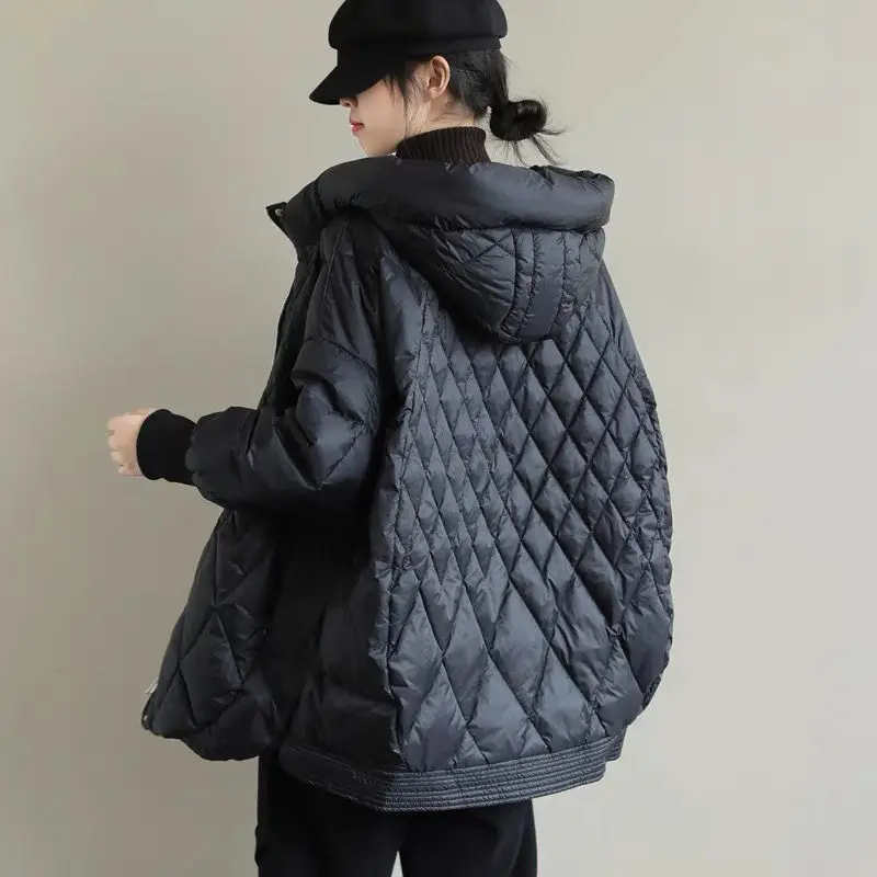 Women's New Style White Duck Down Down Jacket Shell Hooded Large Size Diamond Pattern Loose Fit Plus Size Mid-Length Outerwear