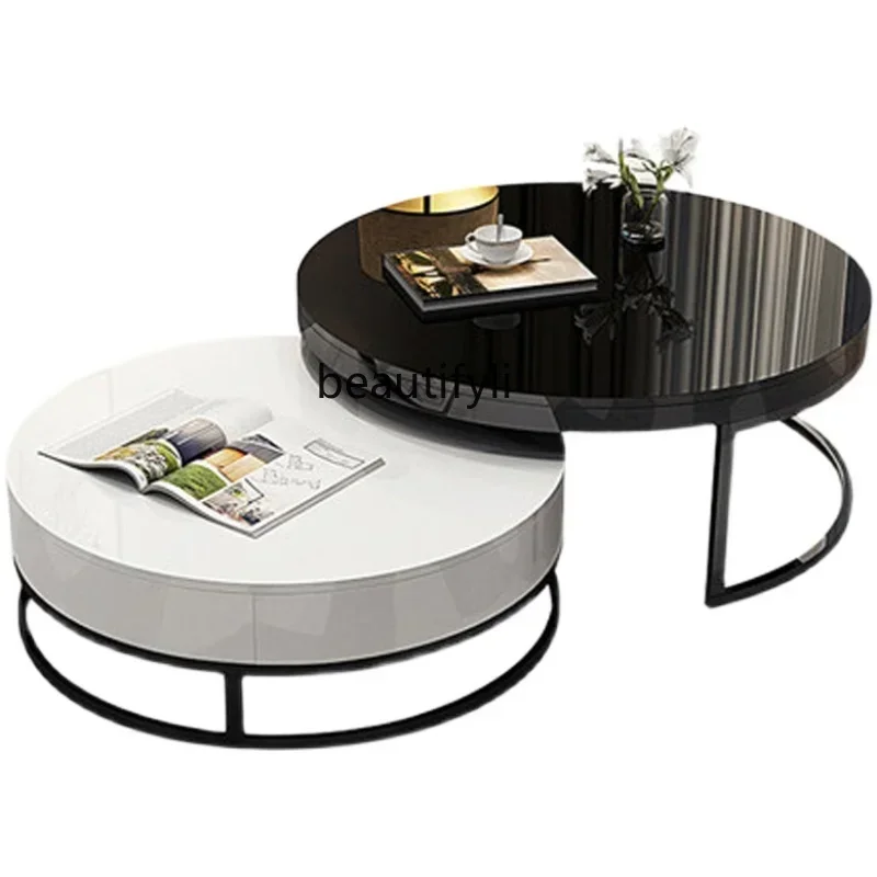 

Living room small apartment round coffee table, modern simple Nordic minimalist white creative living room high-end coffee table