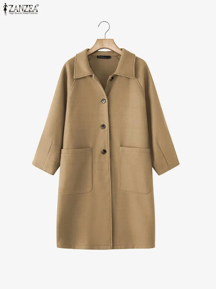 ZANZEA 冬用無地ロングアウター レディース 秋用トレンチコート スタイリッシュなウール生地トレンチ 長袖ボタンダウンジャケット 2025