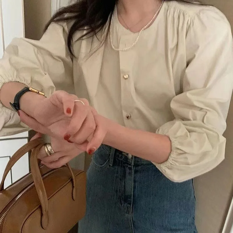 Youthful Striped Shirts Woman Korean Fashion Elegant Lantern Sleeve Blouses Casual Chic Old Money Style Spring Aesthetic