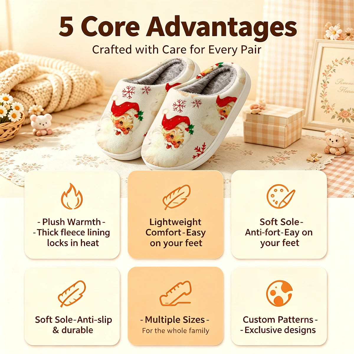 Vintage Santa Claus Christmas White Slippers Warm Plush Indoor Shoes Non-Slip Winter Slippers Family Holiday Gifts Soft view 4