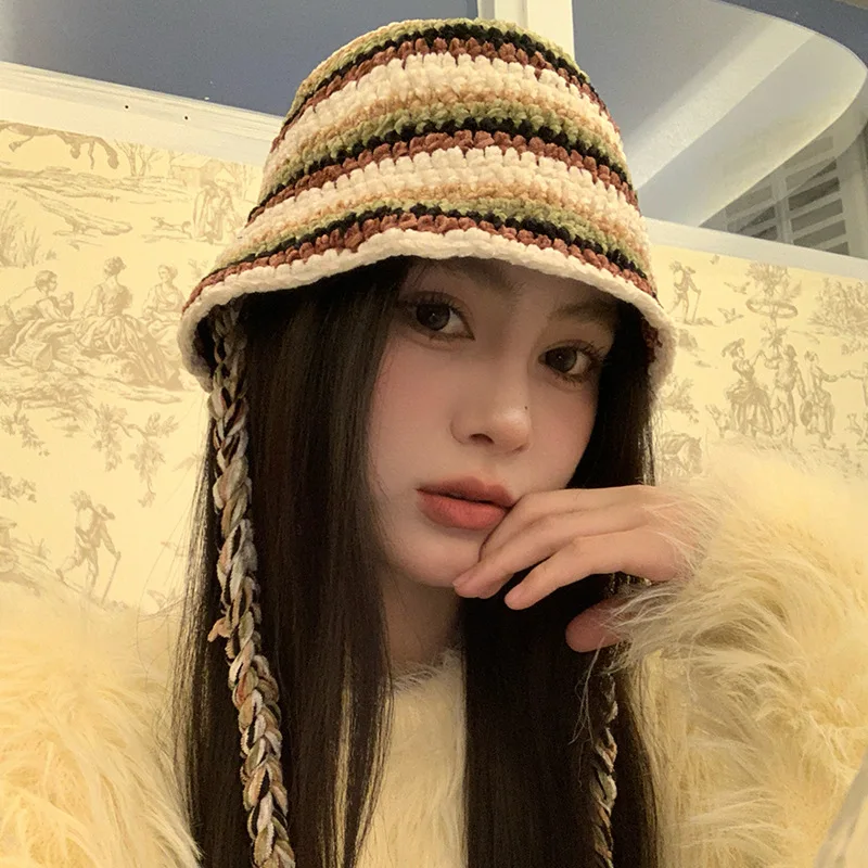 Colorful Striped Hand Knitted Fisherman's Hat Ladies Autumn and Winter Outdoor Warm Tie Braid Basin Hat 2