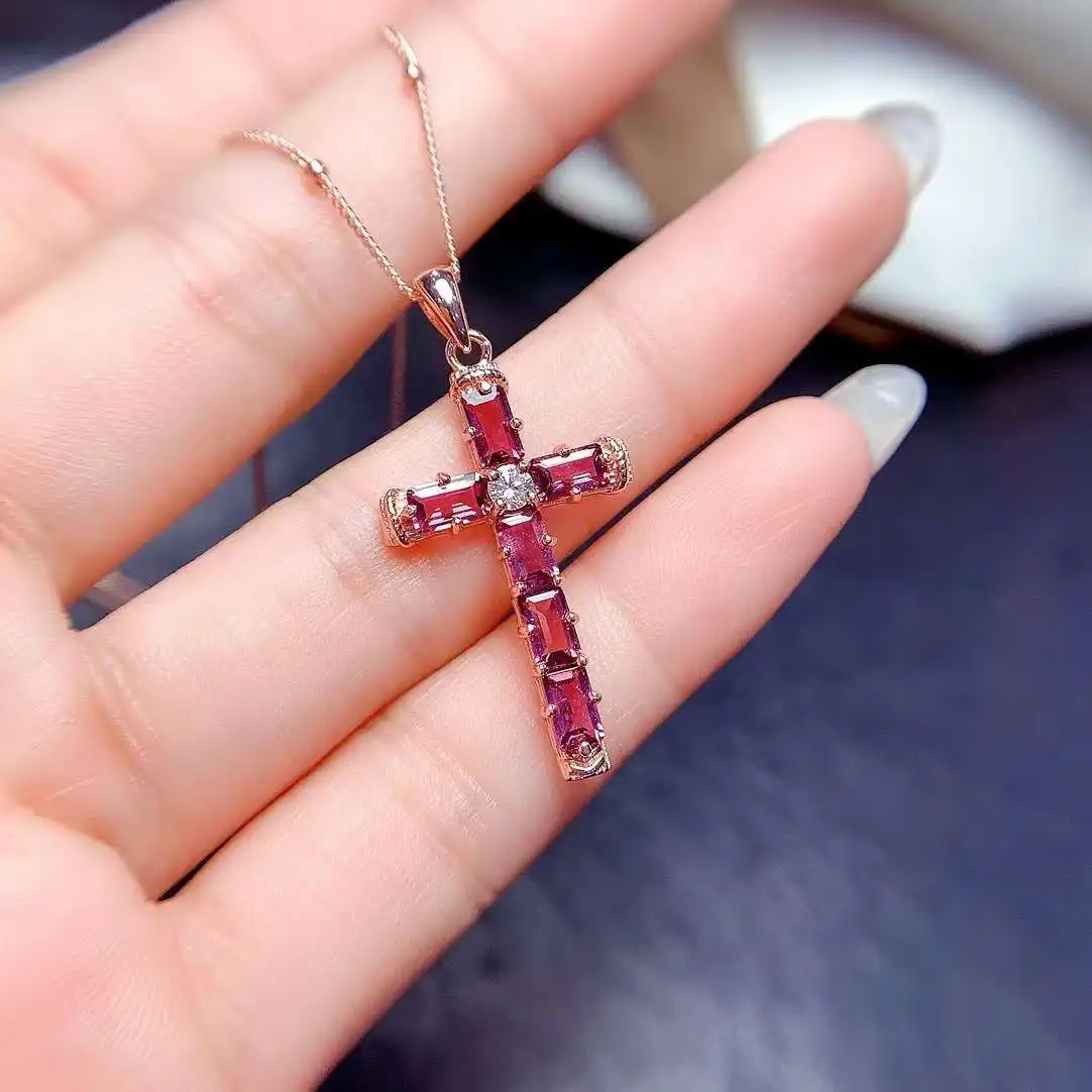 100% Natural and Real Garnet Pendant 925 Sterling Silver Cross pendant Fine Jewelry