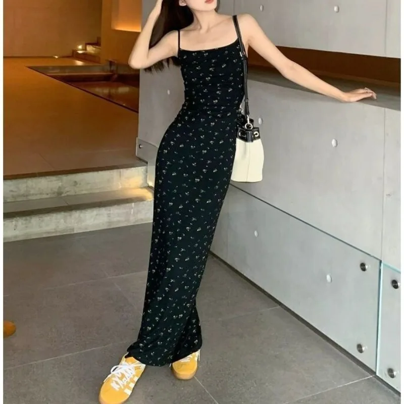 Women‘s Camisole Dresses Sleeveless Off Shoulder Blackless Print Long Dress Slim Fit Fashion Casual Vintage 2024 Summer