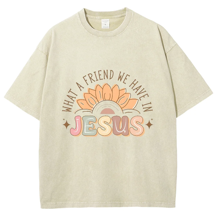 Jesus And Friend Y2K Washed Short Sleeves T-shirt, Printed Creative Casual Unisex Oversized Vintage Streetwear Fashion Plus-Size