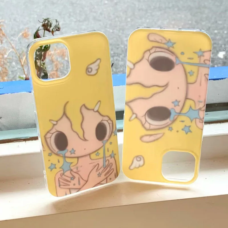 

Korea Cute cartoon star tear girl phone Case For iPhone 11 12 13 14 15 16 Pro Max angel wings Kawaii Black Big Eyes Cover