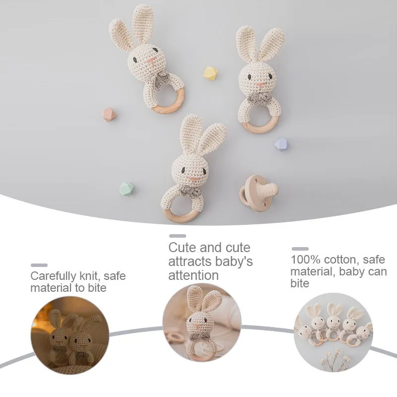 1pc Baby Rattles Crochet Bunny Rattle Toy Wood Ring Baby Teether Rodent Baby Gym Mobile Rattles Newborn Educational Toys Gifts