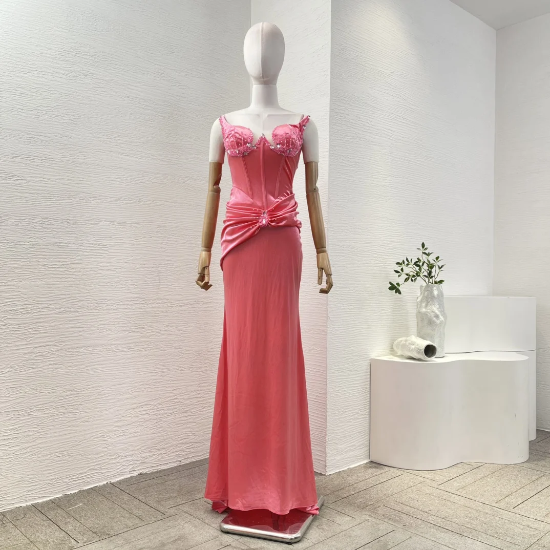 Rose Pink Diamonds Sleeveless Backless Pleat Maxi Dress 2024 New