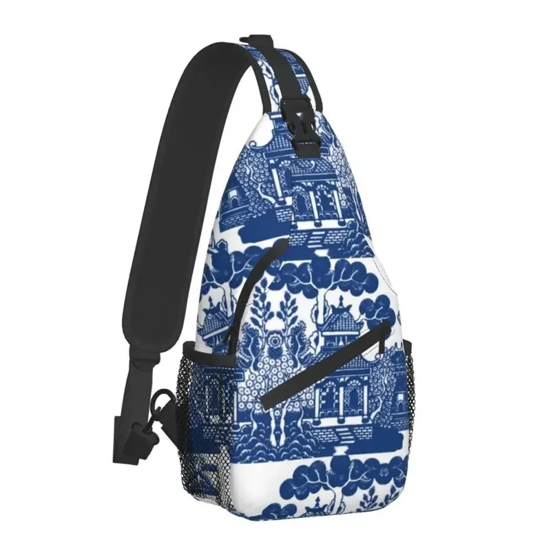 Cool Blue Willow Chinoiserie Blue And White Porcelain Inspiration Crossbody Sling Backpack Men Shoulder Chest Bag for Traveling