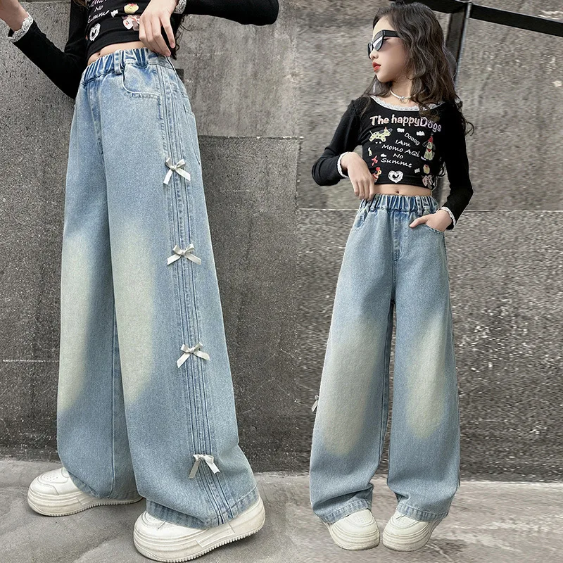 Children Spring Autum Baggy Jeans with Side Pull Strip Bow Tweens Girl Casual Denim Pants Kids Streetwear Trousers Hot Selling