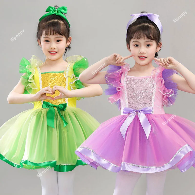 

Kids Ballroom Clothing Sequined Modern Dance Tutu Dress Girls Jazz Dance Dresses For Prom Stage Wear Ballet Princess Dress