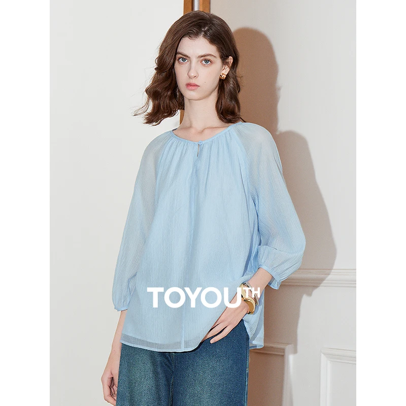 TOYOUTH Women Blouse Shirt 2025 Spring New Lyocell Three Quarter Sleeve Round Neck Romantic Shirt Sky Blue