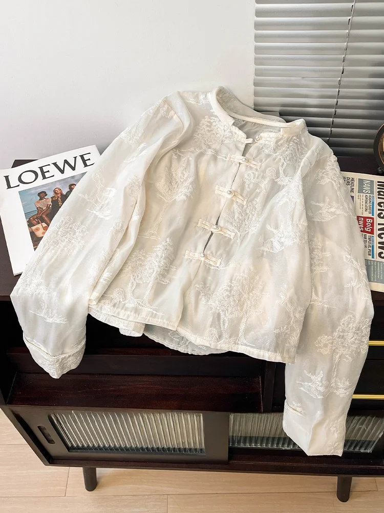 

Ретро-рубашка с вышивкой женская летняя, новая, в китайском стиле, национальный дизайн, на пуговицах, с защитой от солнца, тонкая верхняя одежда, топ