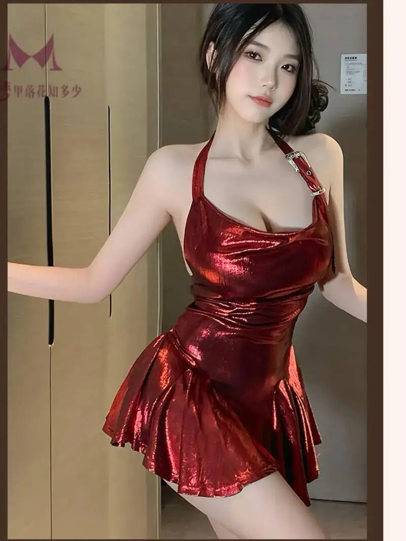 Vestido elegante para mujer, uniforme, bata de batalla, Tops sexys a la moda, camisón Sexy, rojo vino, dorado brillante, cuello de pila para club nocturno coreano EV34