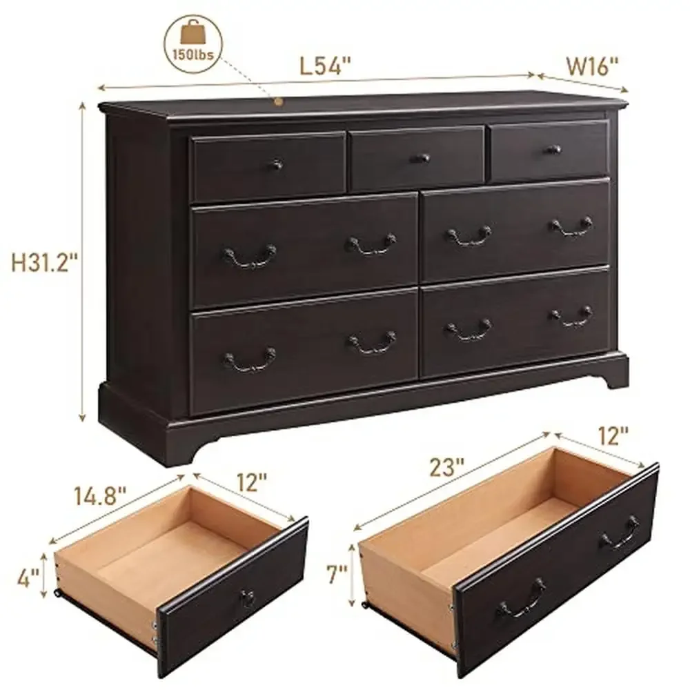 Wooden Vintage 7 Drawer Dresser Chest with Ball Pull Handles Bedroom Living Room Organizer Rustic Furniture Storage Solution