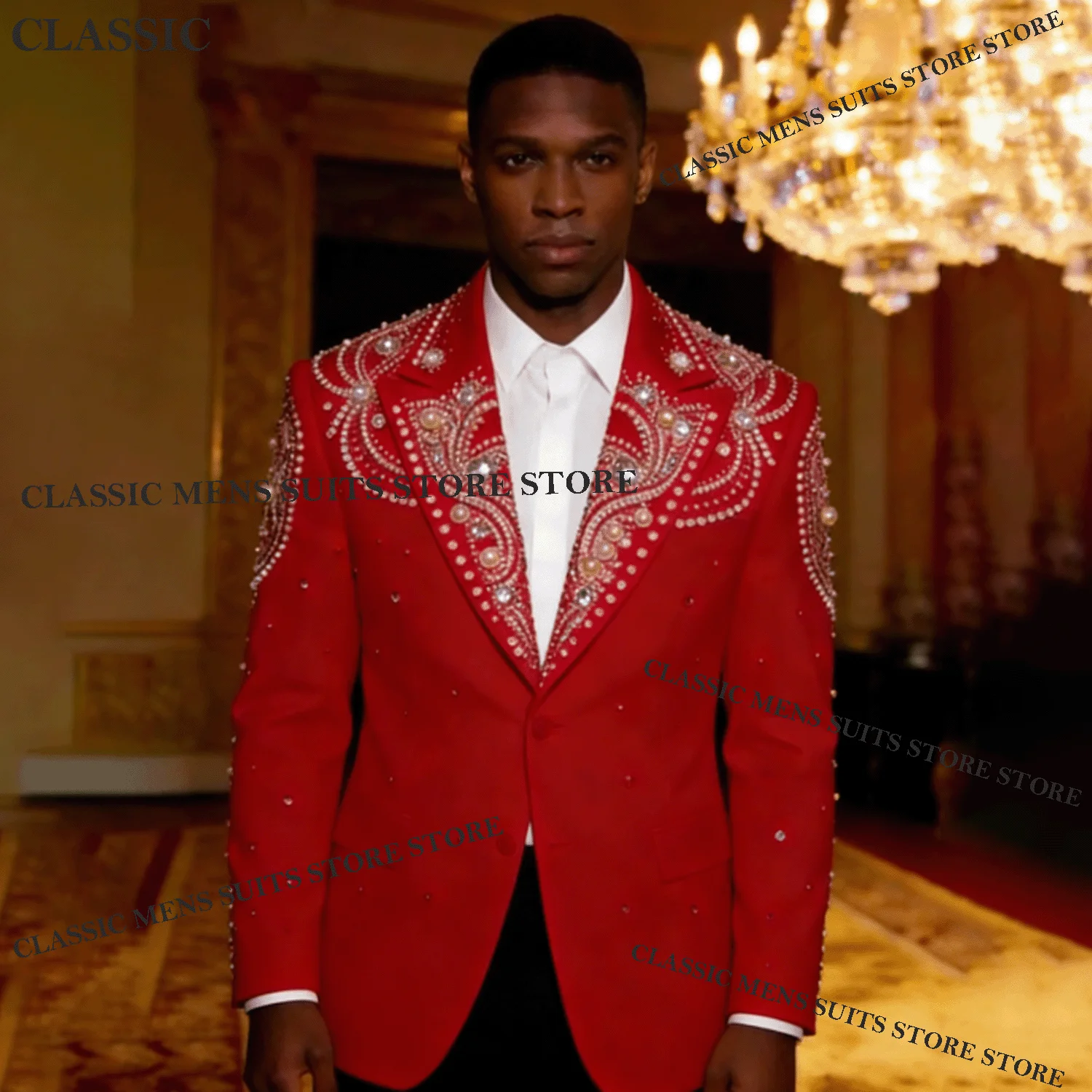 Ternos Masculinos Personalizados com Miçangas, Blazer Elegante com Strass e Cristais para Casamento, Conjunto de 2 Peças, Blazer Masculino para Baile de Formatura, Smokings Brilhantes para Noivos