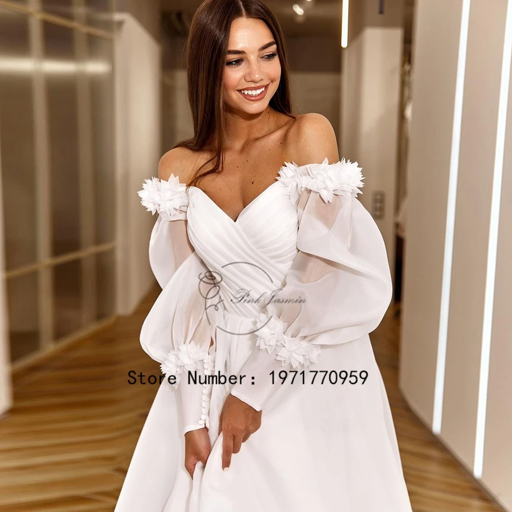 Vestidos de novia blancos con escote corazón para mujer, mangas simples 3/4, apliques de encaje, vestidos de novia con gasa, novedad de 2024