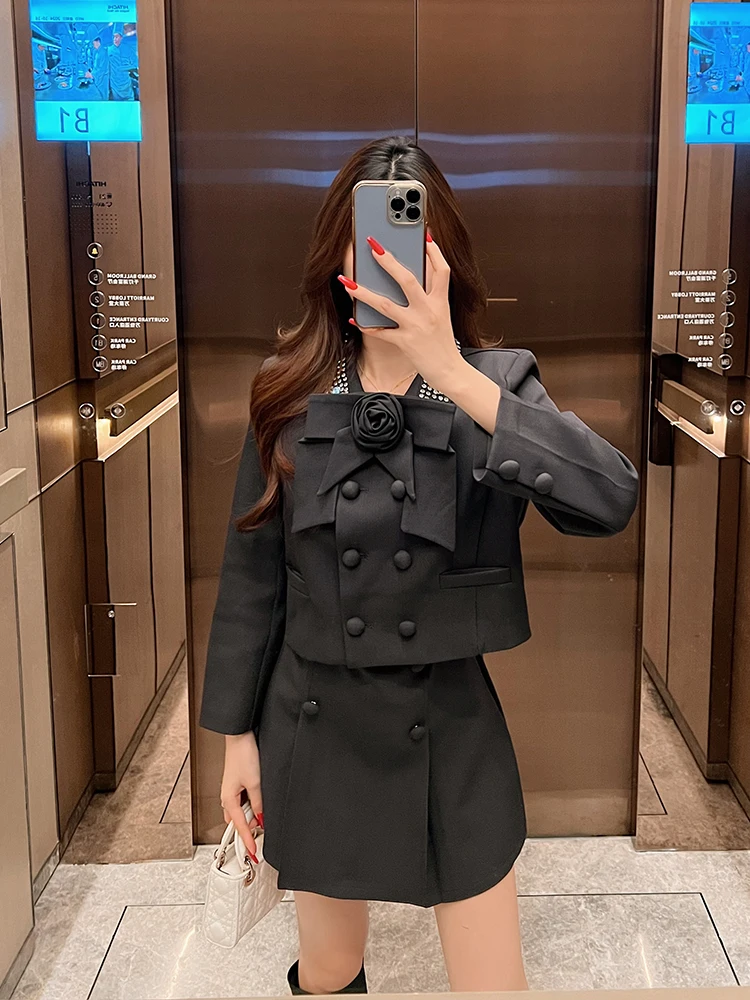 

Ele Autumn Winter Two-Piece Set Women's Heavy Embellied Diamond Flip-Collar Suit ort Jaet Skirt Fraance Sle
