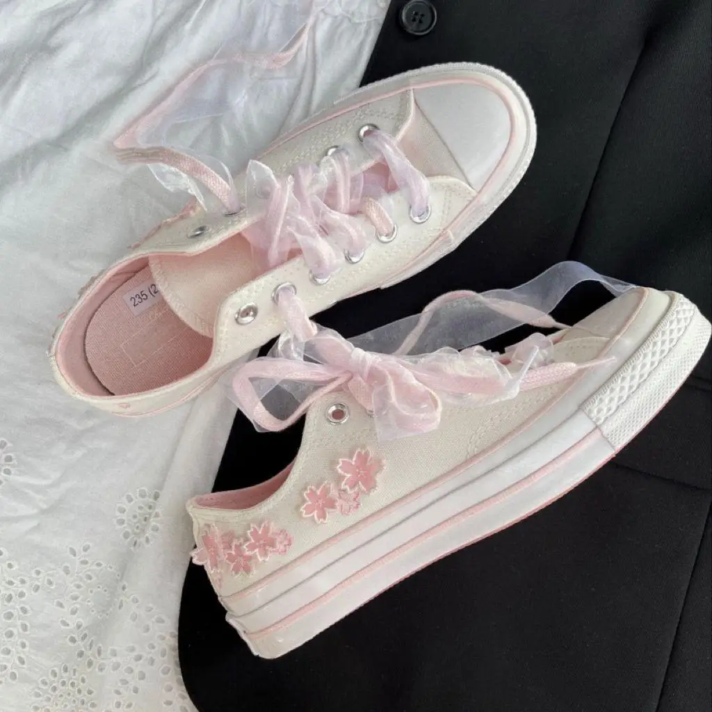 Womens Embroidery Canvas Sneakers Cherry Pink, Soft Silk Shoelace Design Low & High Top Casual Student Skate Footwear view 2