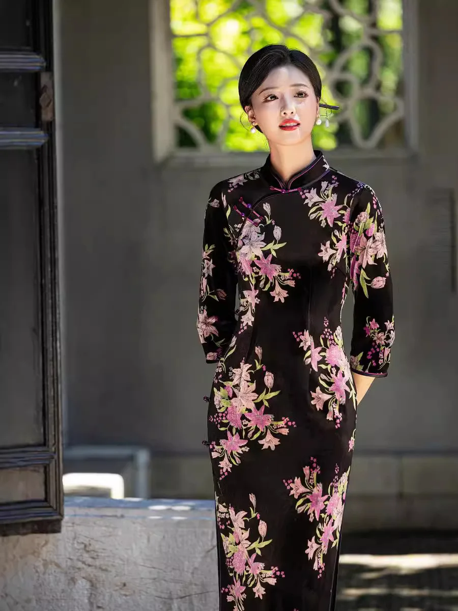 Robe Cheongsam en Velours Floral pour Femme, Robe Longue, Qipao, Traditionnelle Alberoise, Soirée, Mariage, Banquet, 5XL, Automne, Hiver, Nouveau